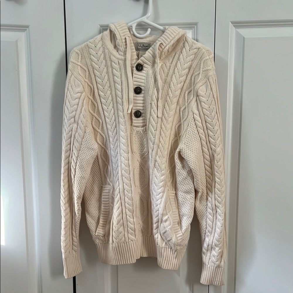 L.L. Bean Cream Hooded Cardigan Cable Knit Sweater